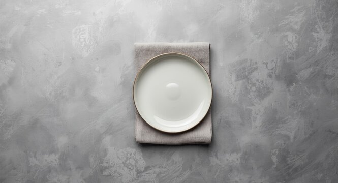 Top view photograph of a ceramic dish and cloth napkin arranged on a soft neutral gray field