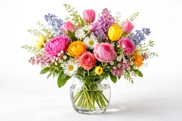 Obraz premium Colorful spring flower bouquet in a clear glass vase on a crisp white background for bright seasonal decoration