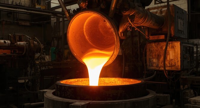 Metallurgical plant ladle pouring molten metal into crucible for metal refining