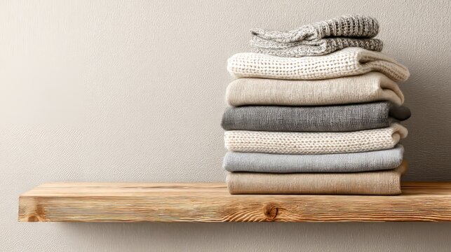 Folded Linen Fabrics in Neutral Tones on a Wooden Shelf Background