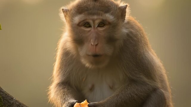 Monkey eating fruit on tree branch.
