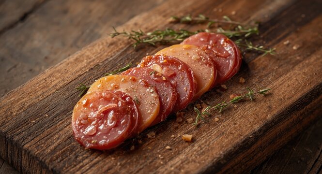 Flavorful slices of Spanish fuet with herbs and spices resting on a textured wooden board