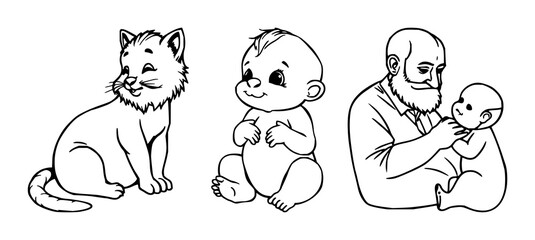 Obraz premium Father baby set with black line art icon on white background featuring father, baby, family symbolically with parenthood and infant care