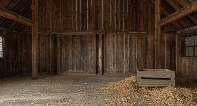 Open barn interior of aged wood with scattered straw creating a rustic background and copy space