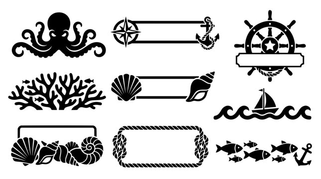 Collection of black and white nautical vector frames, featuring maritime silhouettes like an octopus, ship wheel, shells, and rope border templates