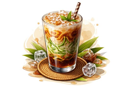 Refreshing iced coffee cendol drink served with coaster in stylish vector art