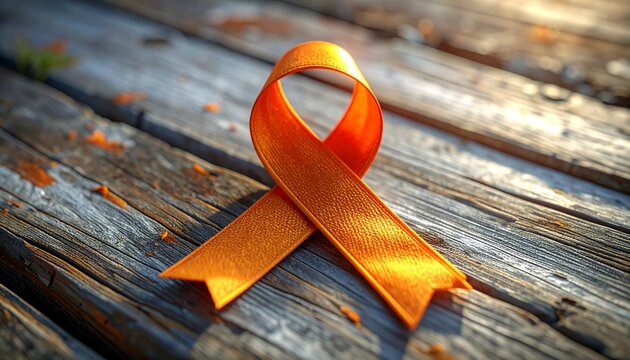A closeup of a vintage yellow AIDS awareness ribbon rests on an old brown wooden table texture, evoking a sense of nature and history