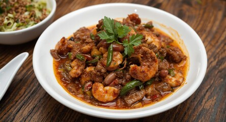 Fototapeta premium Traditional Thai stir fried bean paste prepared with assorted seafood options