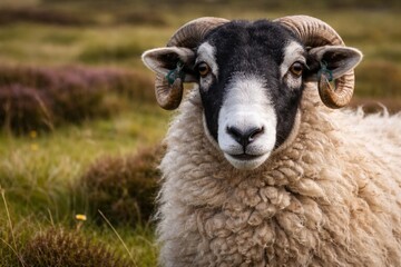 Obraz premium Close up portrait of a Dalesbred ewe looking at camera in springtime on managed open grass and heather moorland with copy space