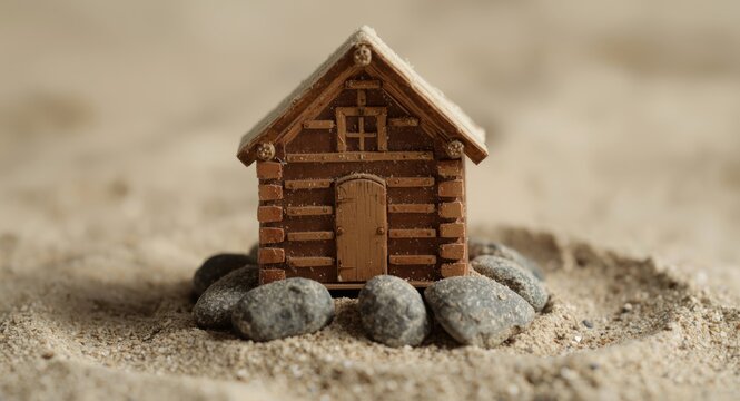 Symbolic miniature house close up emphasizing spiritual obedience with rock and sand base differences in parable