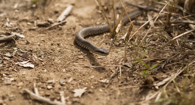 Young hognose snake crossing dry sandy path with scattered natural debris