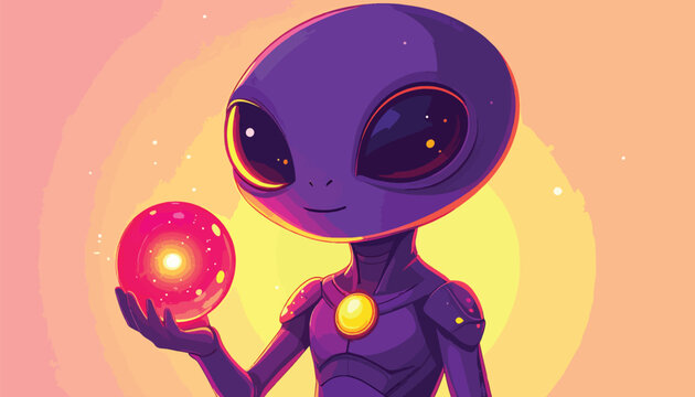 Cartoon Alien Holding Glowing Orb of Light in Hand.