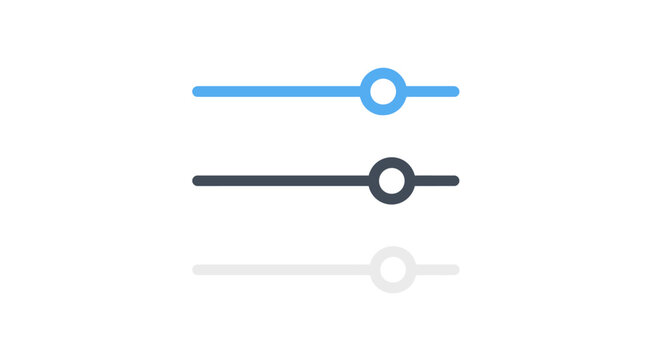 Three horizontal slider controls with circular handles in blue, dark grey, and light grey, with a subtle reflection below on a white background.