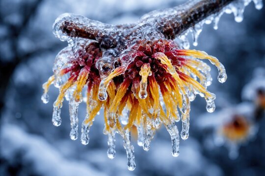 Frozen Chinese witch hazel blossom capped with ice