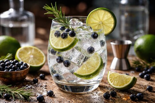 Refreshing juniper berry gin and tonic cocktail with ice and lime