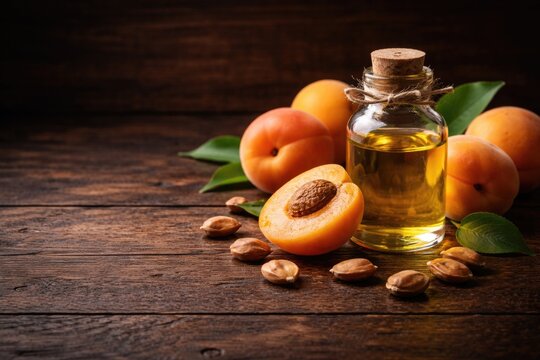 Apricot Kernel Oil Bottle with Fresh Fruit on Dark Wooden Table