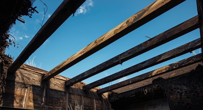 Fire scorched wooden beams inside burnt building with visible damage and clear blue sky