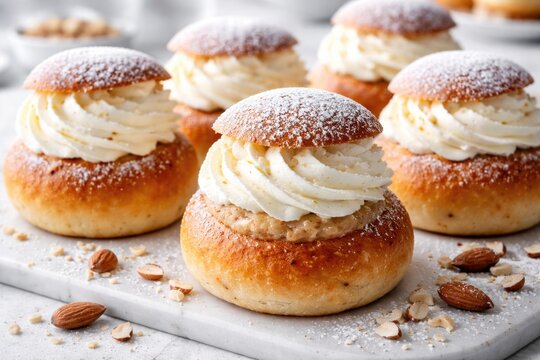 Traditional Swedish semla buns stuffed with almond paste and whipped cream on a white surface