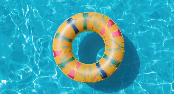 Top down capture of a vibrant inflatable swim ring with placeholder for summer vacation text