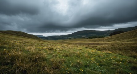 Fototapeta premium Dark clouds approaching a vibrant meadow surrounded by soft hills