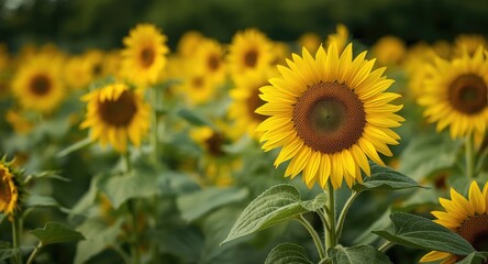 Fototapeta premium Sunflower garden radiating color and featuring clear copy space