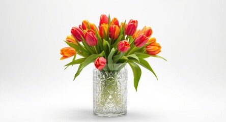 Obraz premium Vivid tulip flowers gathered in a crystal vase set on a pure white background