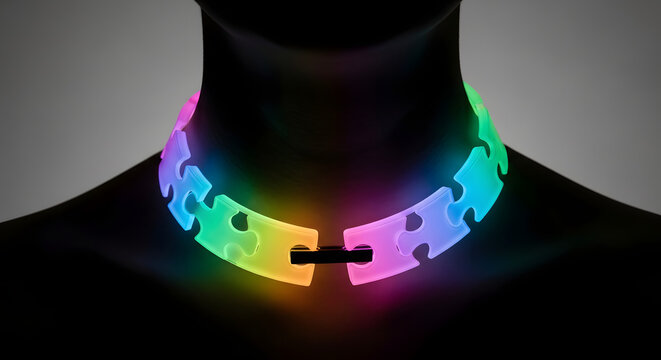 Glowing Multicolored Puzzle Piece Necklace Worn on a Mannequin Silhouette for Modern Fashion Accessory and Unity Symbol Concept