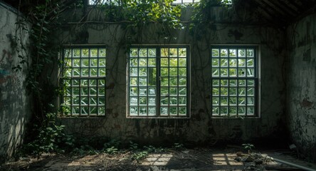 Fototapeta premium Worn down structure with shattered glass block windows and overgrown vines