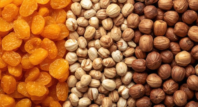 Vitamin E abundant kitchen staples including dried apricots and hazelnuts