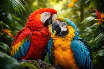 Obraz premium Colorful tropical parrots showing affection in dense rainforest foliage