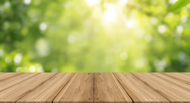 wooden deck and counter with soft green nature bokeh in fresh spring outdoor scene