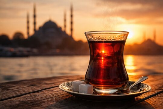 Classic bardak glass filled with aromatic Turkish tea near historic mosque silhouette