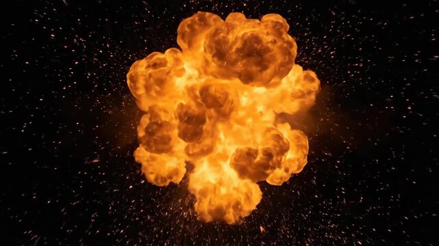 Fiery Explosions and Particle Effects on Black Background, Powerful Energy.