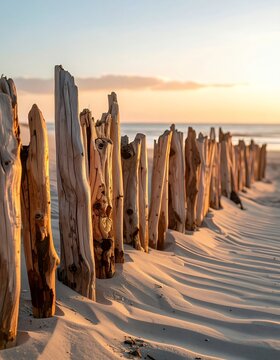 Wooden groynes on a sandy beach at sunset.