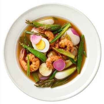 Sea food Sinigang with shrimp eggplant radish and tamarind soup isolated on a white background
