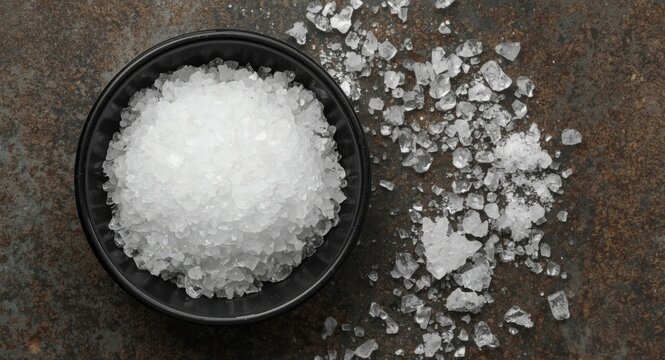 Top view of white citric acid crystals in a dark bowl on a textured surface showcasing natural granule patterns