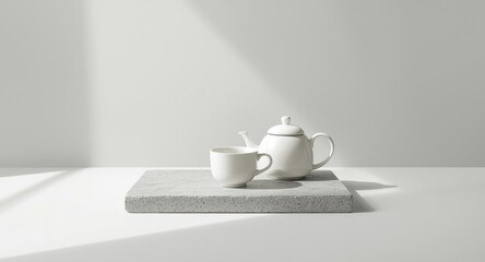 Fototapeta premium White tea cup with matching teapot resting on a neutral gray slab