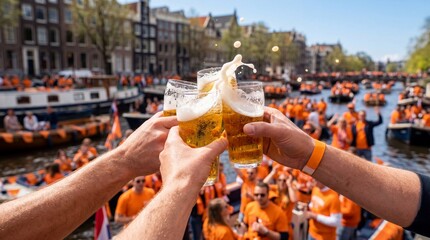 Toasting splashing beer glasses during a King's Day boat party in Amsterdam.