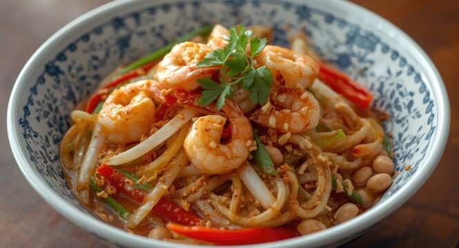 Scrumptious shrimp Pad Thai with peanuts and vibrant vegetables including bean sprouts and red pepper