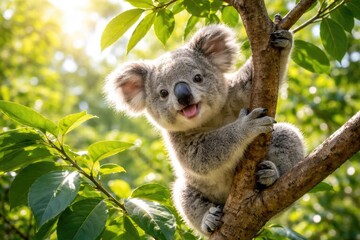 Naklejka premium Playful koala climbing lush green foliage on a sunny day