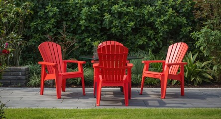 Obraz premium Stylish red plastic outdoor seating viewed from three quarter back in garden setting enhancing patio elegance and design