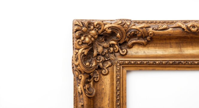 Focused detailed view of a decorative vintage wooden picture frame isolated on white backdrop