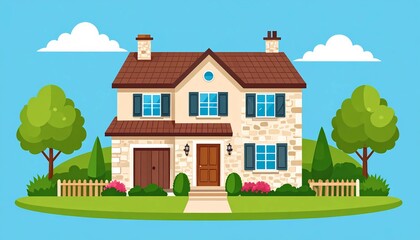 Naklejka premium Charming French country house with garden and blue sky in flat vector illustration