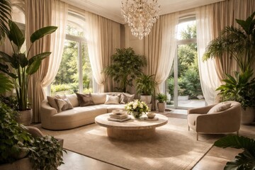 Fototapeta premium Modern interior design featuring a spacious room with lush plants and elegant drapes