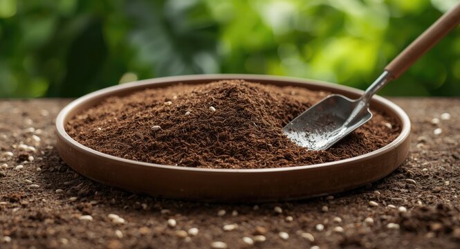 Utilizing coconut fiber dry coco peat in container gardening with small garden trowel nearby