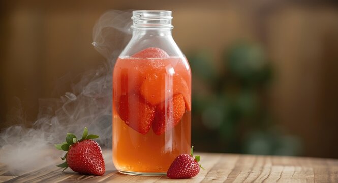 Strawberry kombucha probiotic drink showing scoby in transparent bottle