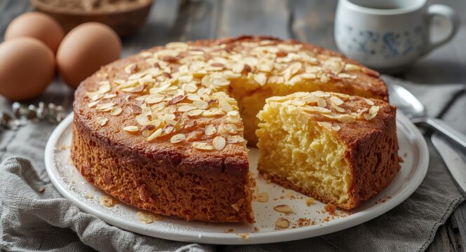 Traditional Portuguese almond cake toucinho do ceu with rich egg yolks from Alentejo