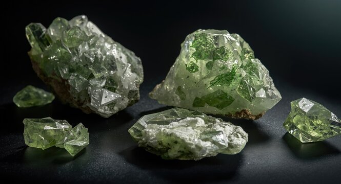 Various prehnite and epidote samples displayed with strong natural light highlights