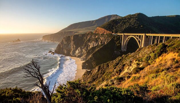 Coastal bridge and mountain landscape