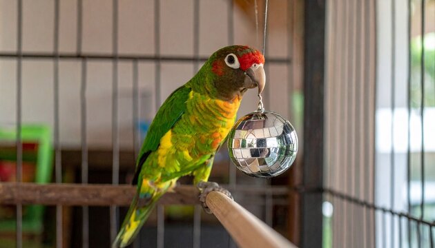 Colorful parrot perched with disco ball